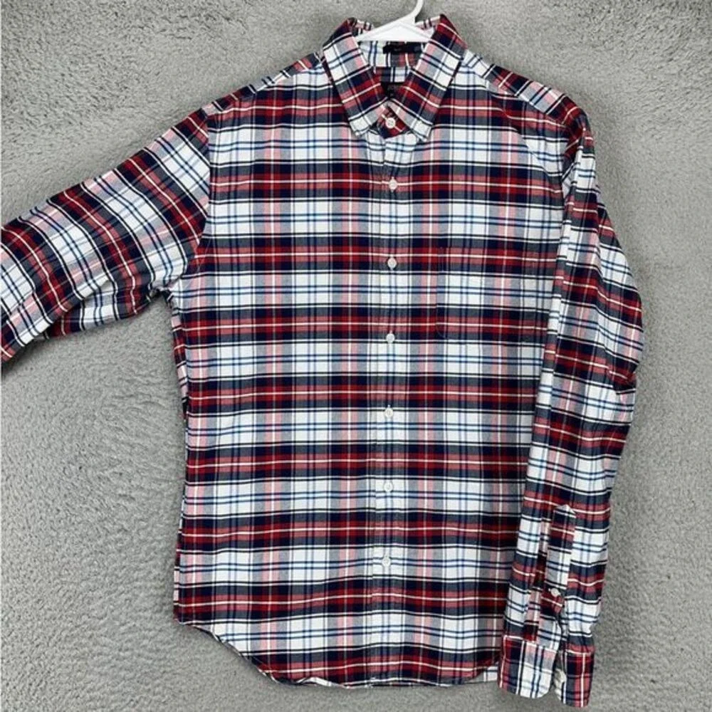 J Crew Oxford Button Down Shirt Adult Medium Red Blue Plaid Slim Fit Pocket Mens